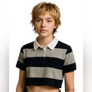 Brandy Melville Juniors Small (7-8) Collared Striped Cropped Rugby Polo Shirt